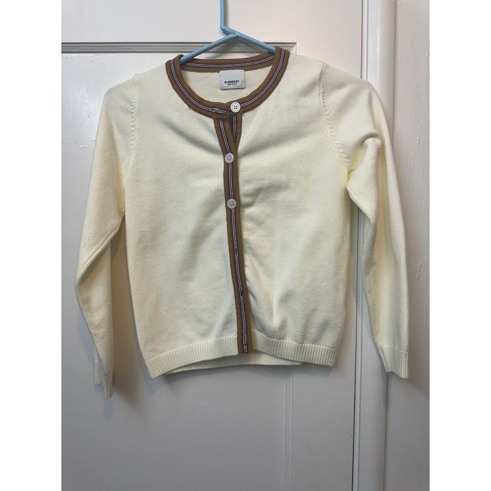 Burberry Kids Ivory Cotton Knit Button Front Cardigan Striped Trim Made in Italy